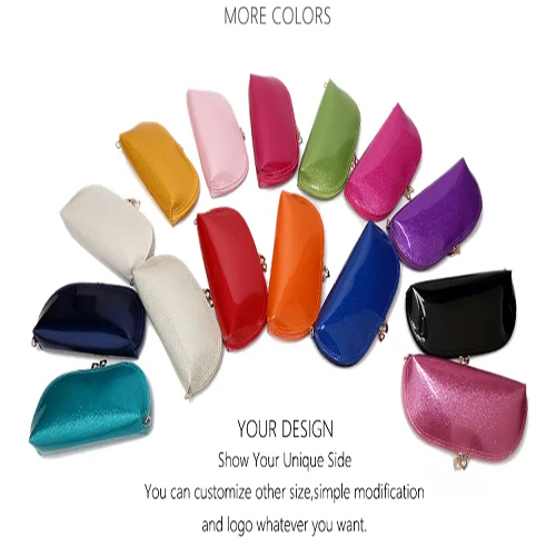 Slim profile and smooth metal zipper detail of patent leather pouch